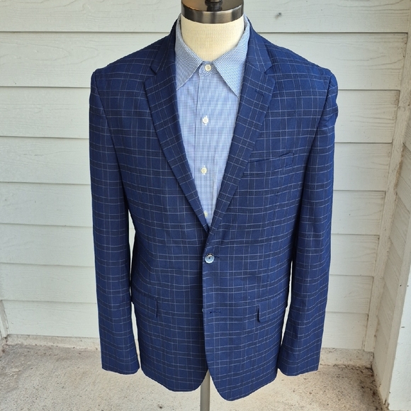 BEN SHERMAN Dark Blue Plaid Polyester Blend Mens Sz 42 R Sport Coat Blazer - Picture 1 of 6